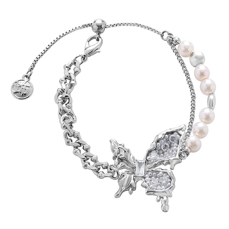 Eetit Popular Imitation Pearl Butterfly Double-Layer Chain Adjustable Bracelet Bangle Silver Color Zinc Alloy Wrist Jewelry