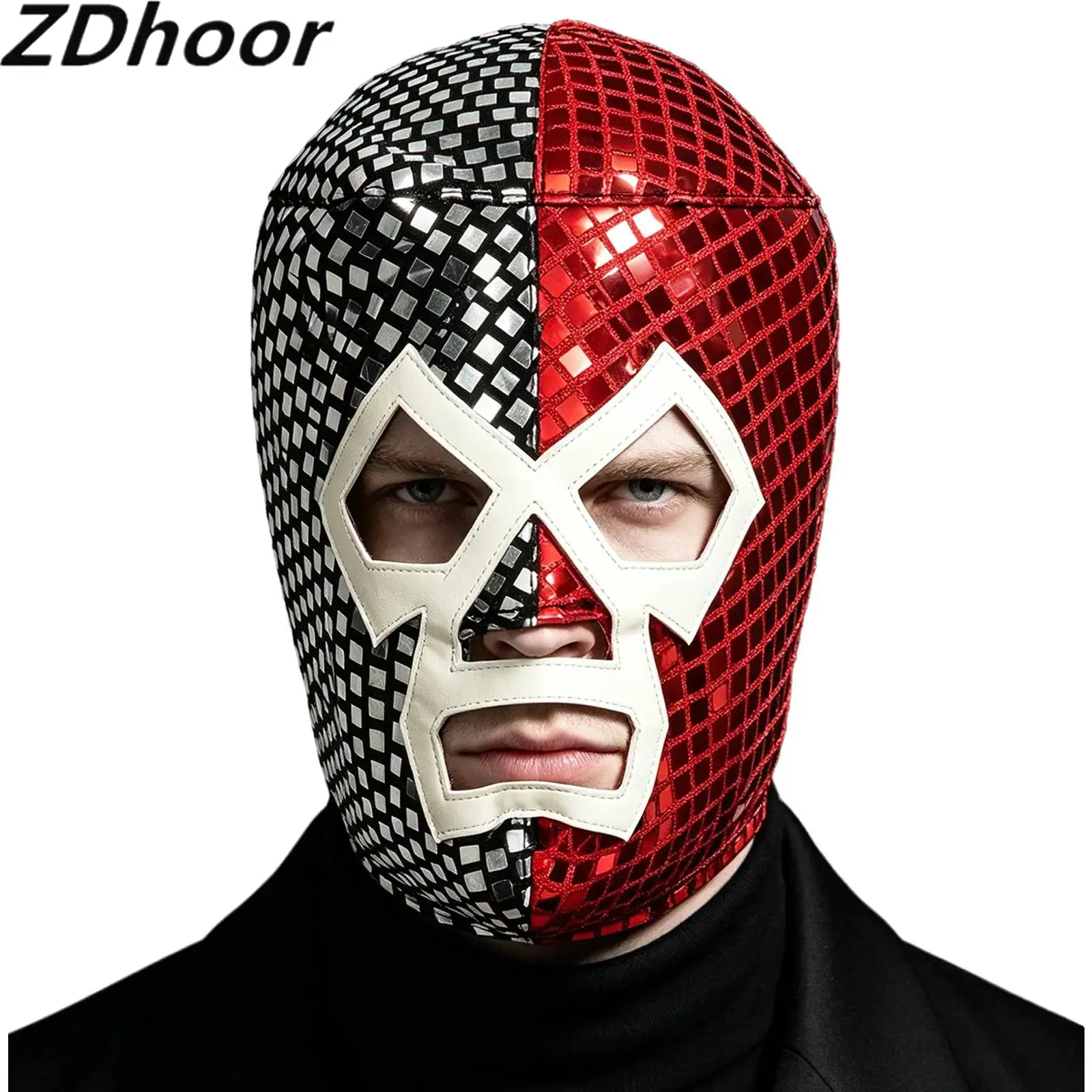 Men Color-blocked Shiny Sequin Headgear Lace-up Hood Costume Accessory for Halloween Role-playing Theme Party