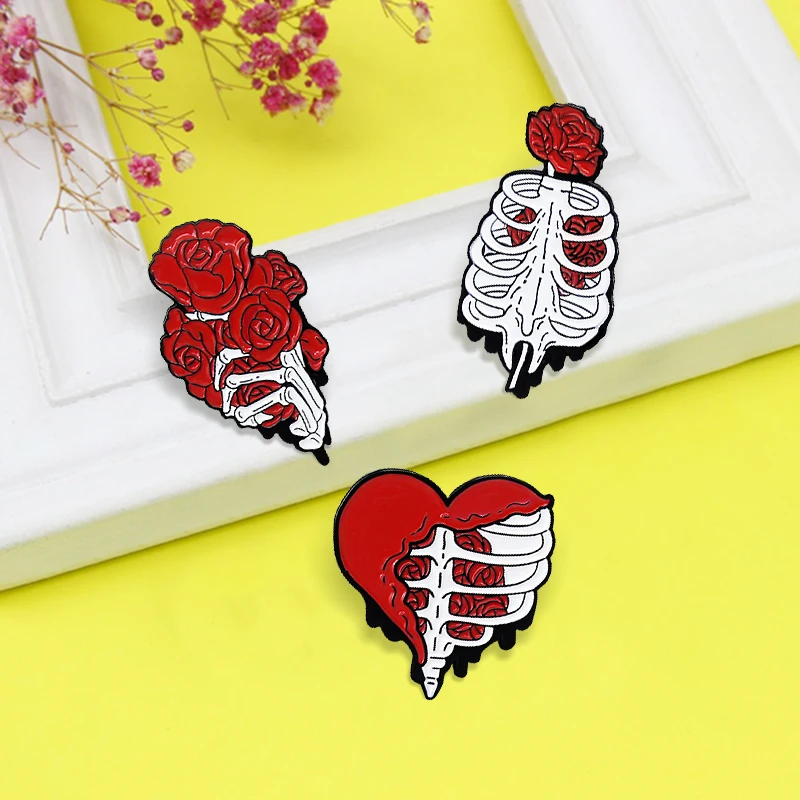 Punk Rose Flowers Skeleton Enamel Pin Heart Sternum Hand bone Skull Brooches Lapel Backpack Jewelry Brooches for men women Gift