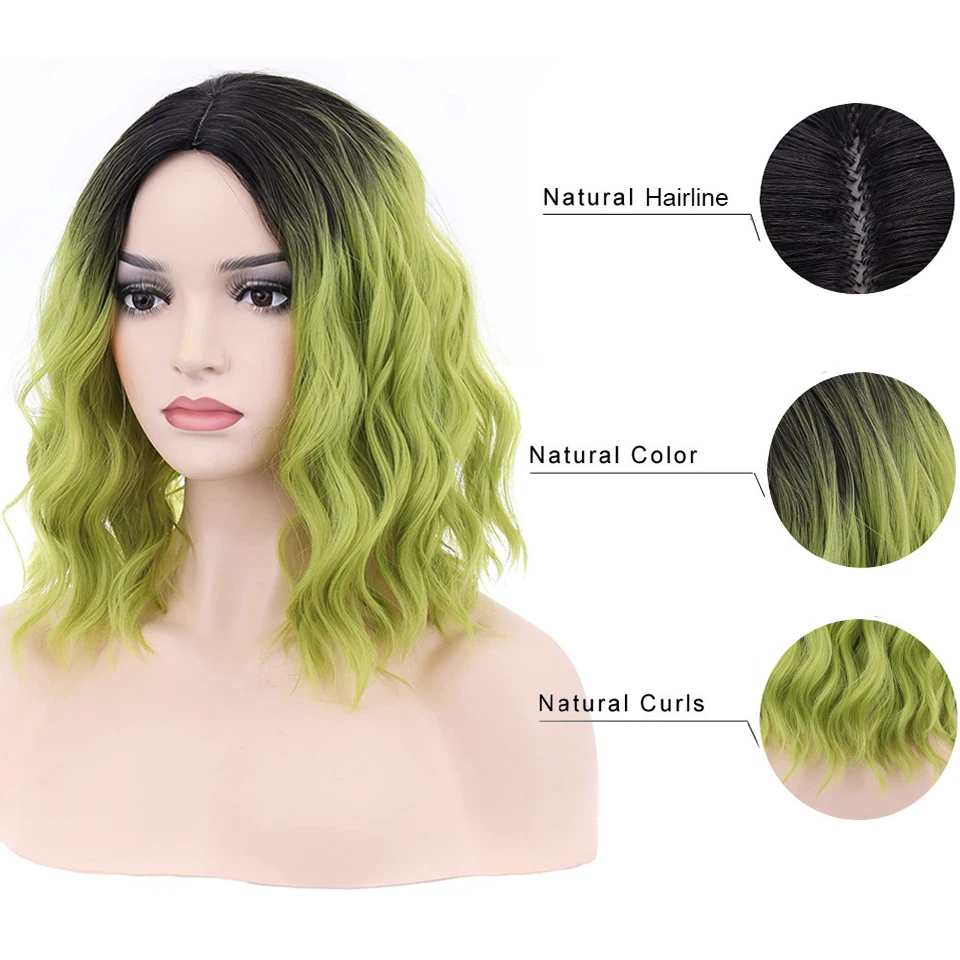 AS Synthetic Green Curly Wigs for Women Short Wavy Curly Dark Roots Heat Resistant Synthetic Colorful Bob St.Patrick's Day Party