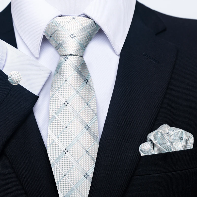 Brand Classic 8 cm Grey Plaid Tie Pocket Squares Cufflinks Set Wedding Present Necktie Clothing Accessories Fit Business