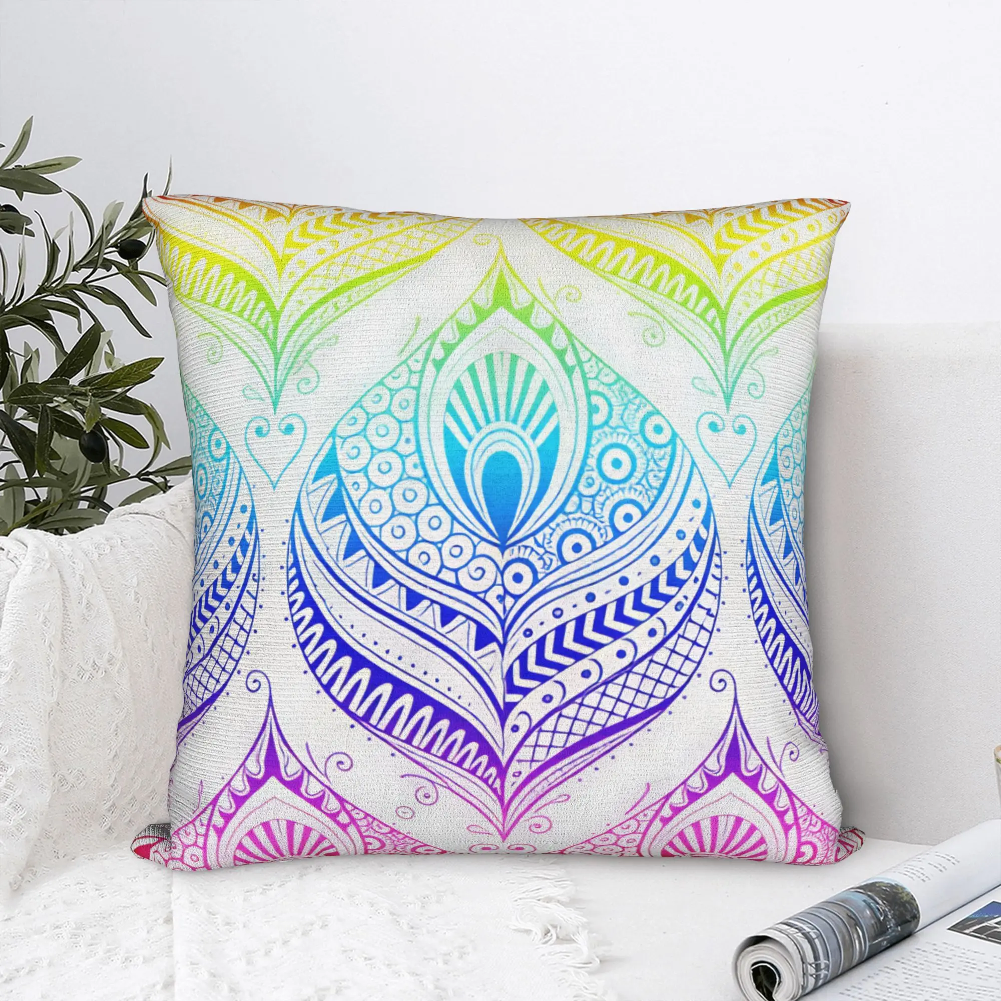 Colorful Ethnic Pattern Peacock Feather Mandala Pillow Case  Soft Pillow Cover For Living Room Sofa Cute Funny Pillowcases