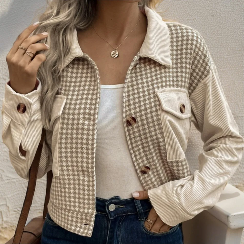 Women's Jacket Casual Retro Lapel Corduroy Patchwork Houndstooth Fall Clothes Comfortable Outerwears Contrast Commuting Trendy