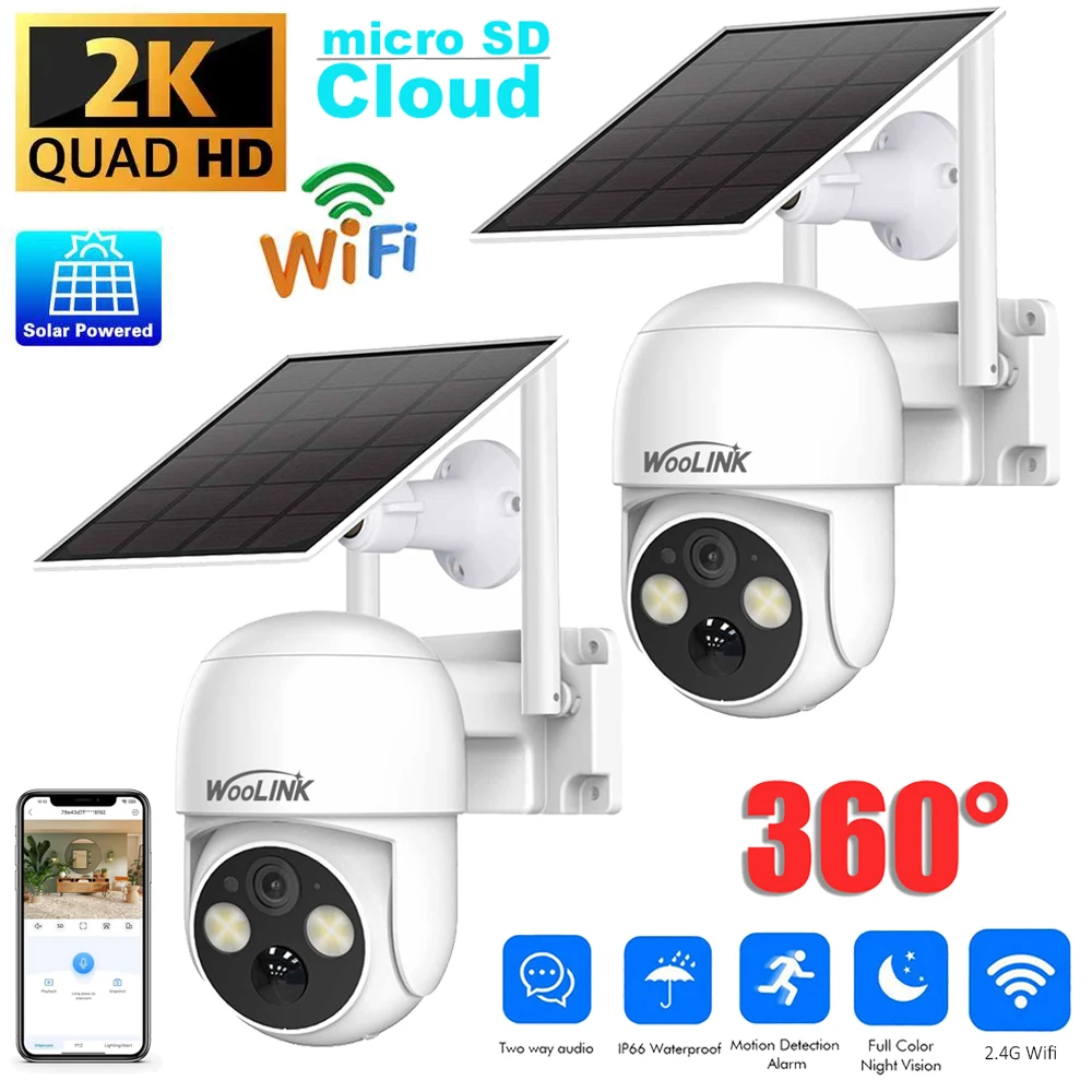 2 Packs Solar Camera Wireless Security Monitor Outdoor 4MP Battery Solar Powered Camera Motion Detection Audio Alarm 360° PTZ