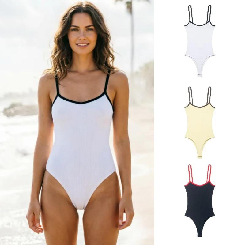 Women's Bodysuit 2026 New Fashion Spring Summer Color-block Trim Jumpsuit for Women Chic Personality Spaghetti Strap Bodysuit