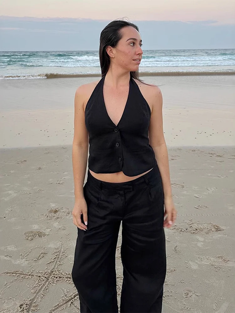 

SummerTwo Piece Set For Women Fashion Halter Sleeveless Tank Top All Matching High Waist Wide Pants Set Female Beachwear 20255