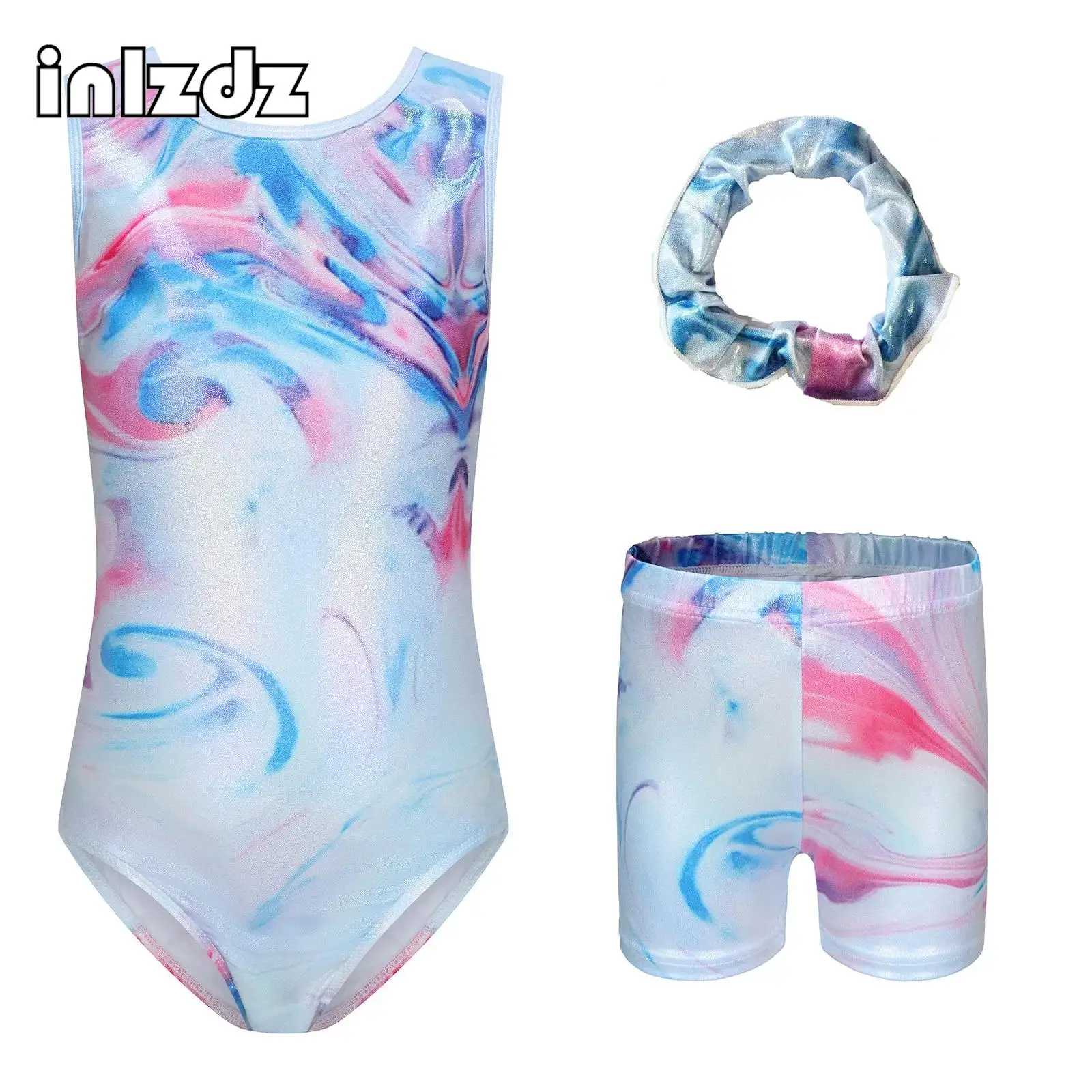 

Kids Girls 3-Piece Gymnastics Set Sleeveless Printed Metallic Leotard with Elastic Waistband Shorts Hair Band for Figure Skating