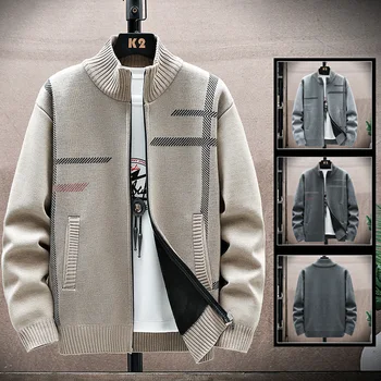 كارديجان رجالي محبوك سميك قطيفة ، رقبة واقفة ، دافئ ، معطف متعدد الاستخدامات ، موضة كاجوال ، خريف ، شتاء