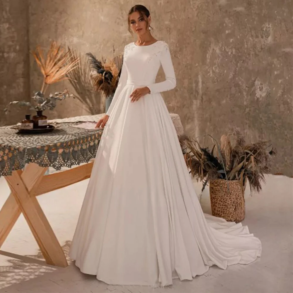 Abiti da sposa semplici A-Line scollo rotondo maniche lunghe cintura classica sposa personalizzata con applique e bottoni abiti in jersey