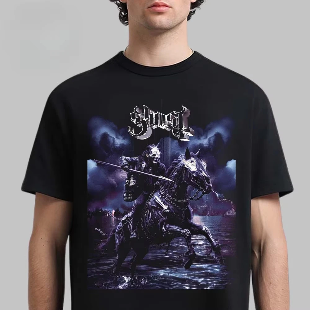 Ghost Themed Graphic Tee Featuring Papa Emeritus on Skeleton Horse Heavy Metal Streetwear Casual Unisex Top