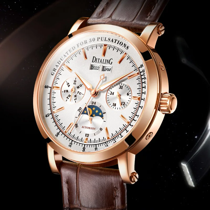 DITALING Men Automatic Watch 43mm Luxury Mechanical Wristwatch Waterproof Sapphire Multifunctions Dial Big Date Window