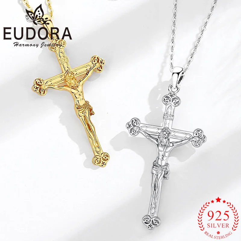 

Eudora New 925 Sterling Silver Jesus Crucifix Cross Necklace Religious Amulet 18K Gold Pendant Vintage Jewelry for Men Women