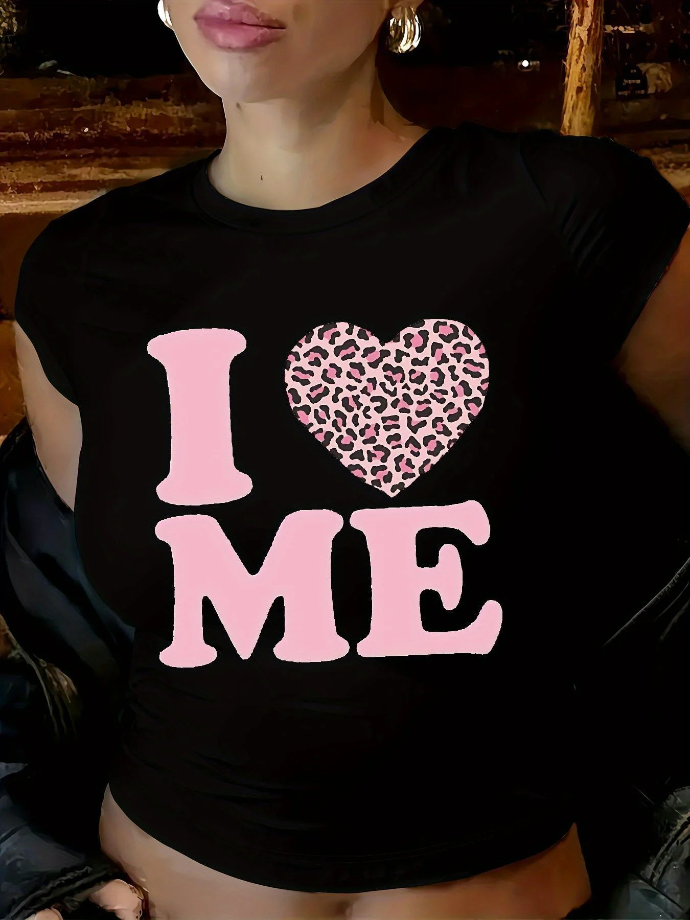 New Womens Graphic T-Shirt I Love Me Leopard Print Heart Design Harajuku Sleeve Clothing Street Tops Tees Aesthetic Clothes