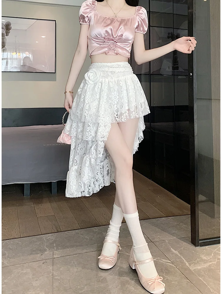 

Rose Lace Hook Flower Hollowed Out Layered Slanted Hem Skirt Summer Irregular Ribbon Mid Length Skirt A48