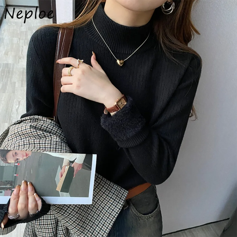 Neploe Sweet Minority Korea Chic Warm Velvet Pull Femme Thicked Knit Half-high Collar Undershirts All-match Literary Luxury Tops