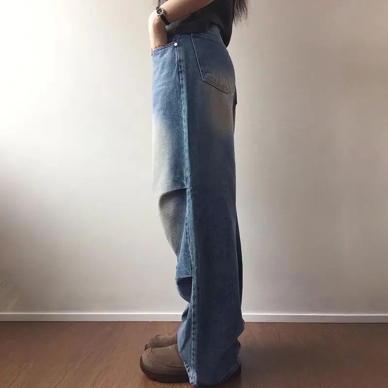 Jeans Pleated Washed Low-Waist Blue American Retro 2024 New Women'S Loose Slimming Street Mopping Pants