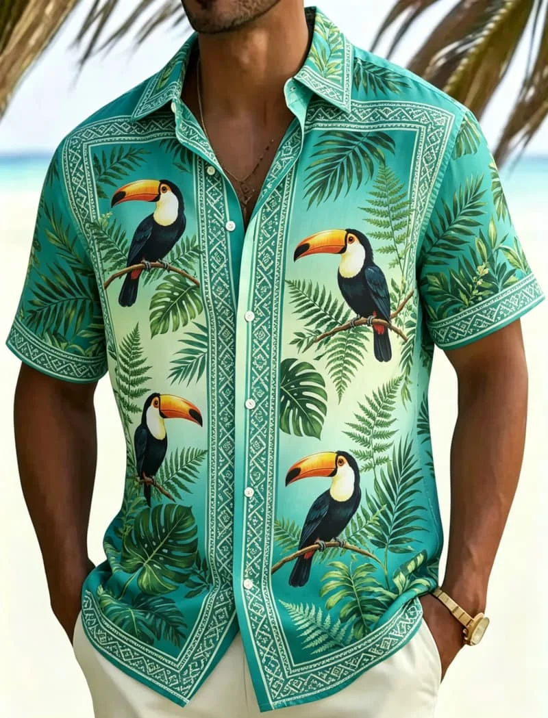 Kurzarmhemd mit tropischem Naturmuster, lässig, zum Knöpfen, für Herren, Sommerurlaub und alle Anlässe mit exotischem Charme