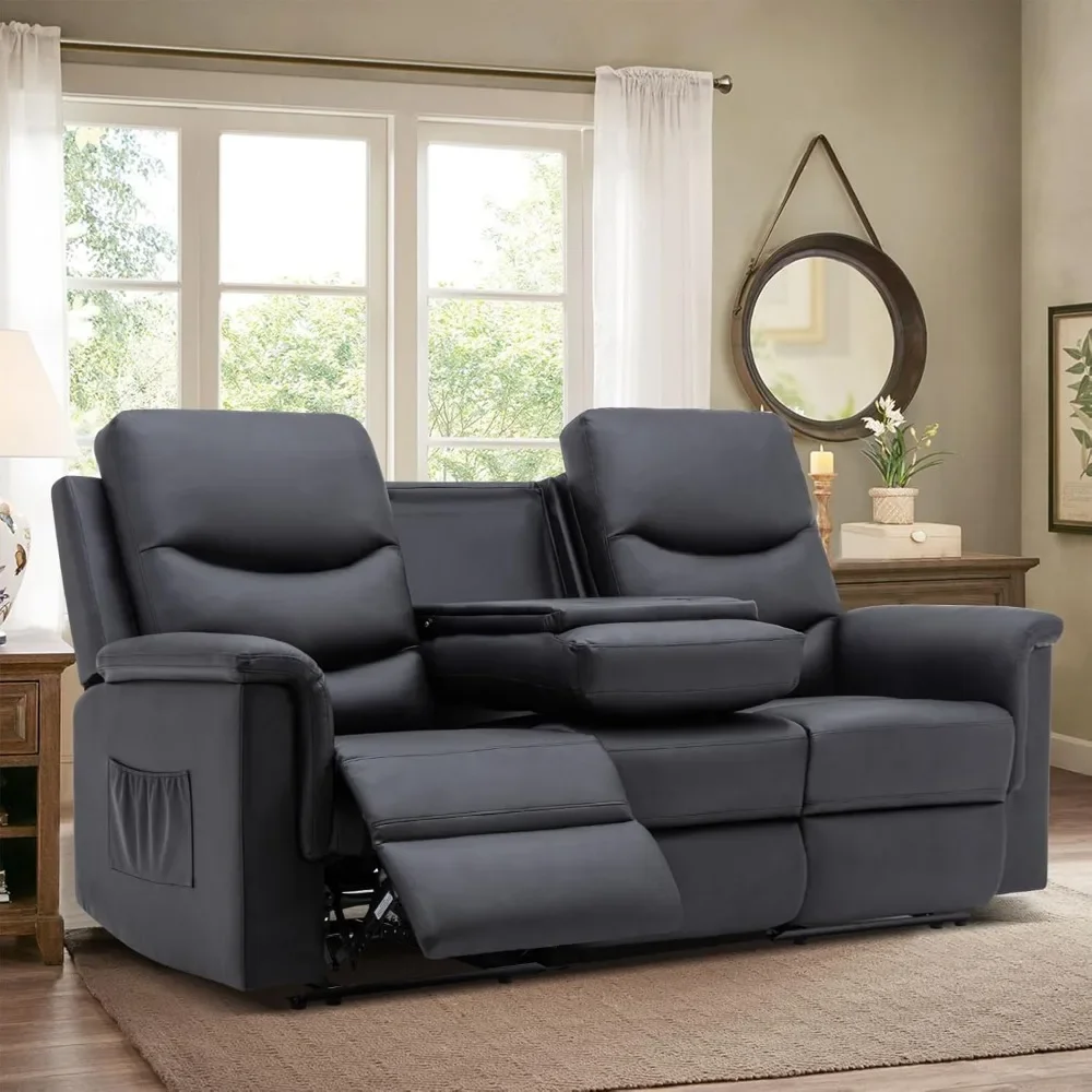 Faux Leather Reclining Sofa, Wall Hugger Reclining Sofa 3 Seater with Flipped Middle Backrest/Cup Holder