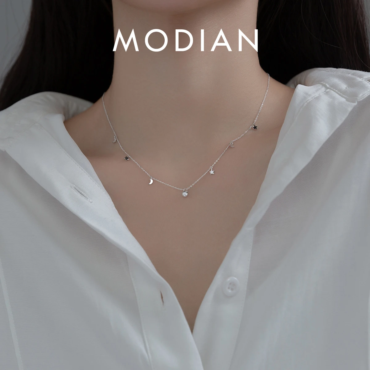 Modian 925 Sterling Silver Star i łańcuszek z księżycem Sparkling Starry Link łańcuszek wisiorek naszyjniki dla kobiet zapobieganie alergii biżuteria