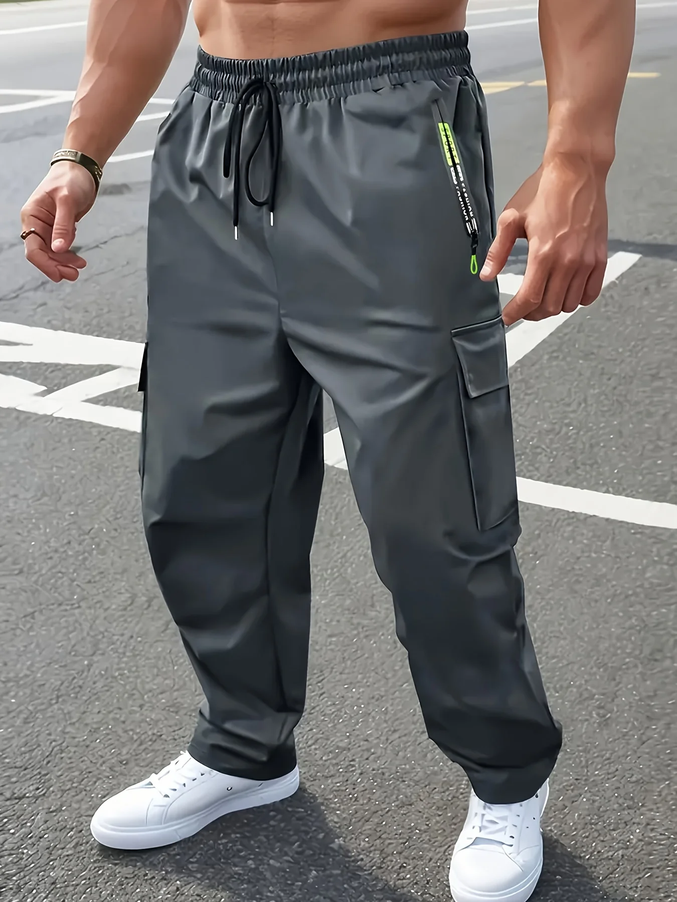 

Cargo Pants Man High Street Fashion Casual Pants Multi Pockets Outdoor Hiking Pants Loose Elastic Drawstring Mens Trousers