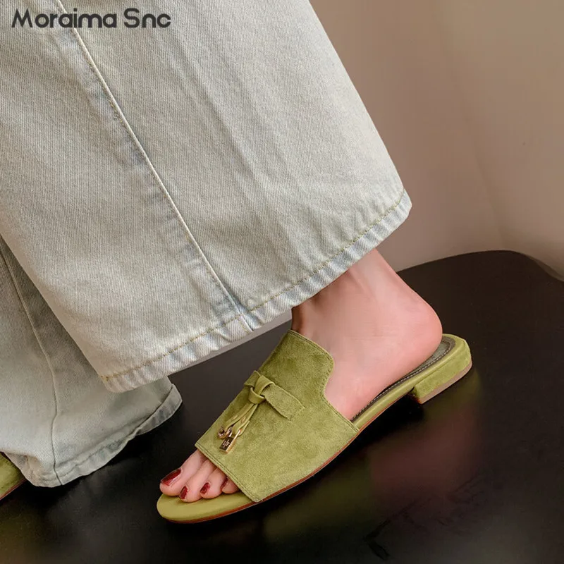 Suede Flat Wide Slippers Round Toe Flat Heel Slippers Solid Color Inside and Outside Full Leather Open Toe Women's Sandals
