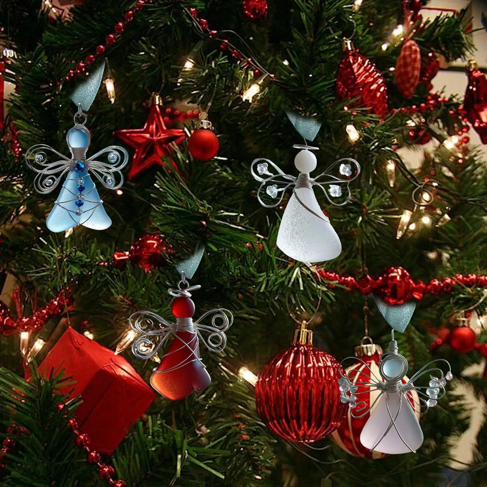 Sea Glass Decor 6 Pieces Angel Pendant 2D Acrylic Christmas Tree Hangable Decorations For Workplace Living Room Kitchen Entryway