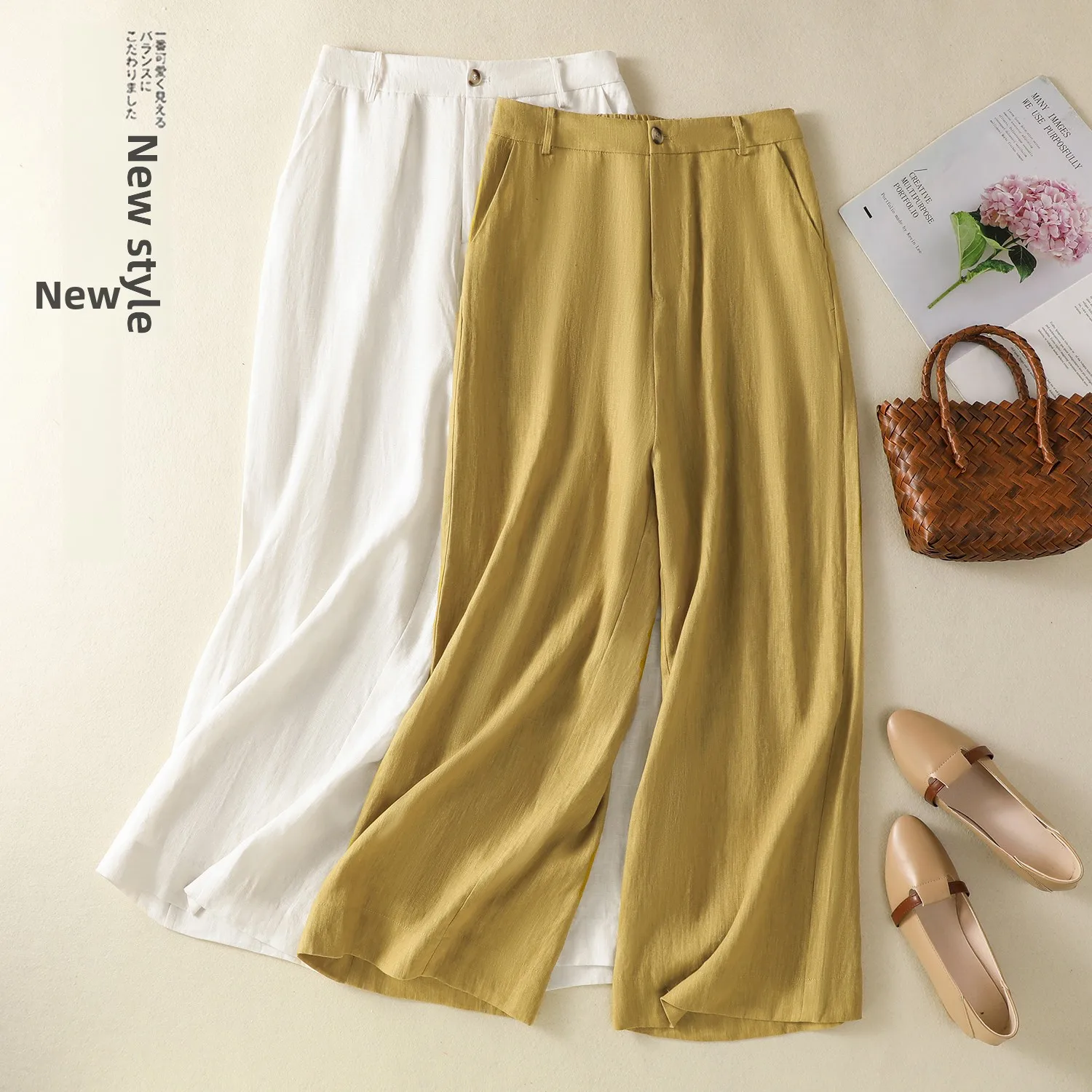 

plus Size Cotton Linen Wide Leg Pants Drapey Thin Nine Points Casual Trousers for plus Size Women Summer New Style Straight Leg