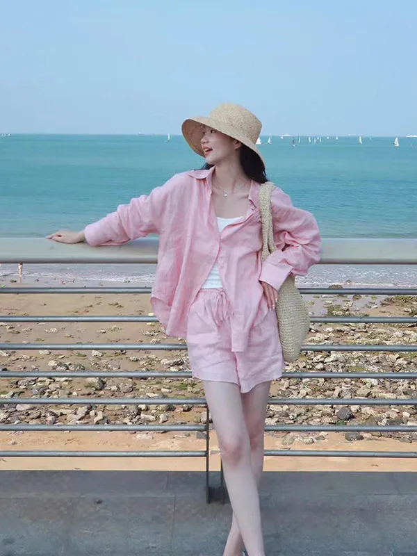 

Летний тонкий хлопковый льняной комплект irt, женский длинный све, солнцезащитный открытый кардиган, топ, широкий льняной комплект из двух предметов