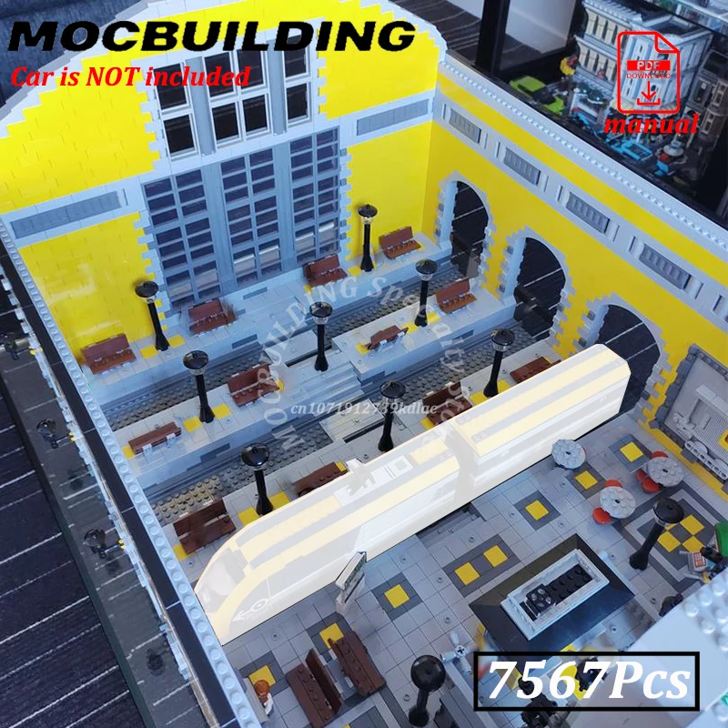 Model kolejowy, akcesoria do modelarstwa kolejowego, kolej, MOC, klocki konstrukcyjne, zabawki z klocków, widok ulicy miasta, budynki, konstrukcja, prezent