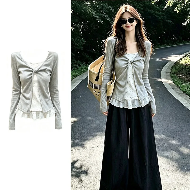 Knot False 2 Pieces Vintage T-shirts Women Sexy Y2K Dot Tops Fall Winter Long Sleeve Tees Slim Kpop Cheap Clothes Woman Tshirts