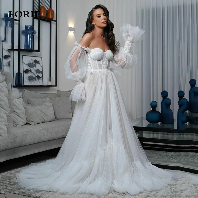 

LORIE Ivory Ruched Wedding Dresses Sweetheart A Line Puff Long Sleeve Off The Shoulder Bride Dress Soft Tulle Wedding Gowns 2024