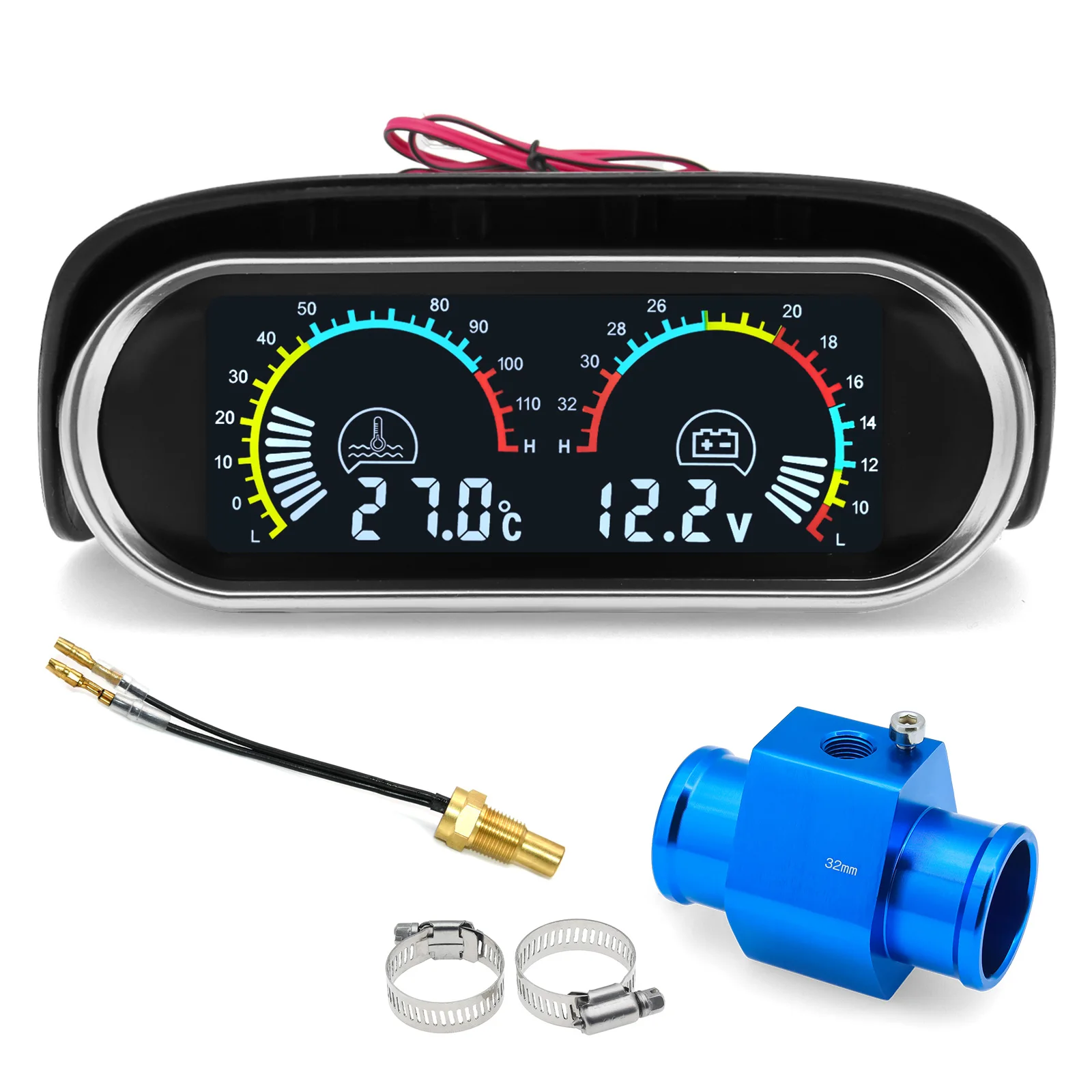 12V 24V Digital Water Temperature Gauge with 1/8NPT Water Temperature Sensor+ Volt with 26mm-40mm Radiator Hose Adapter