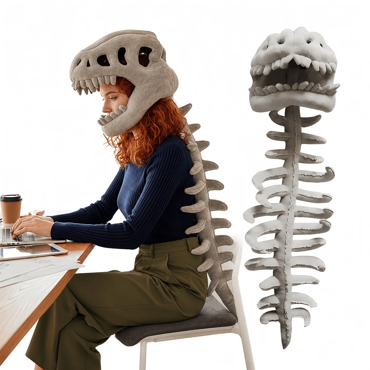 Skeleton Headgear Plush Pillow, Dinosaur Costume Set, Skeleton-Shaped Dinosaur Bodysuit, Dinosaur Headgear Skeleton Bodysuit