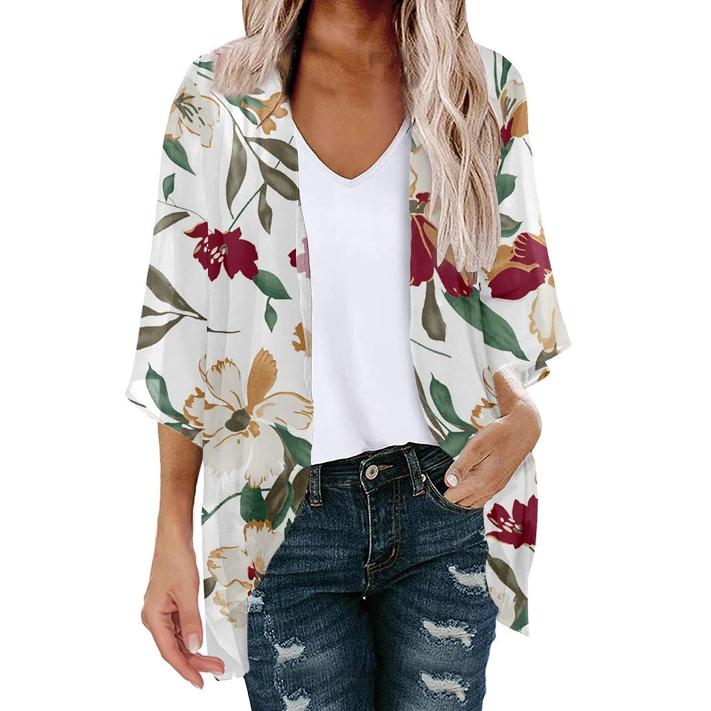 Kimono Floral de playa para mujer, Blusa de gasa, cárdigan, chal, Vestido corto, caftán, moda de verano, 2023