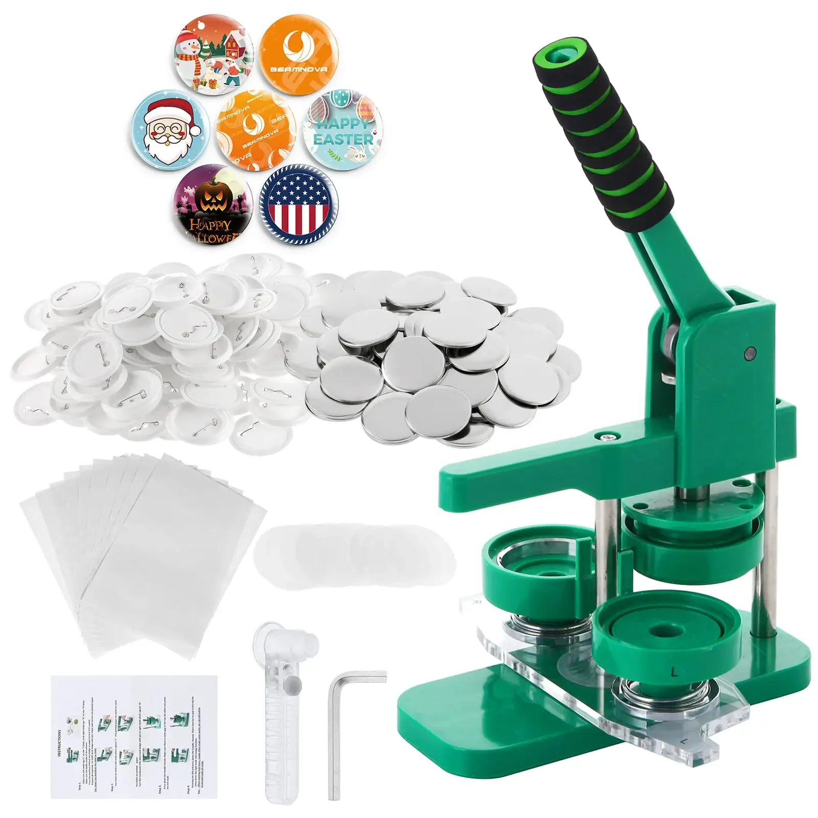 DIY Button Maker 25mm / 32mm / 44mm / 58mm Badge Making Machine with Absorbable Molds 100PCS Button Parts + Paper Circle Cutter