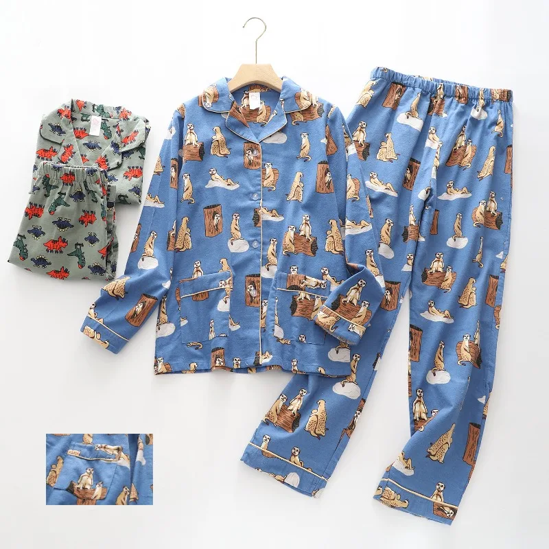 New Women's Cartoon Print Flannel Pajama Homewear Sets All Season Sleepwear 2PCS Suit Maternity Couple Outfit