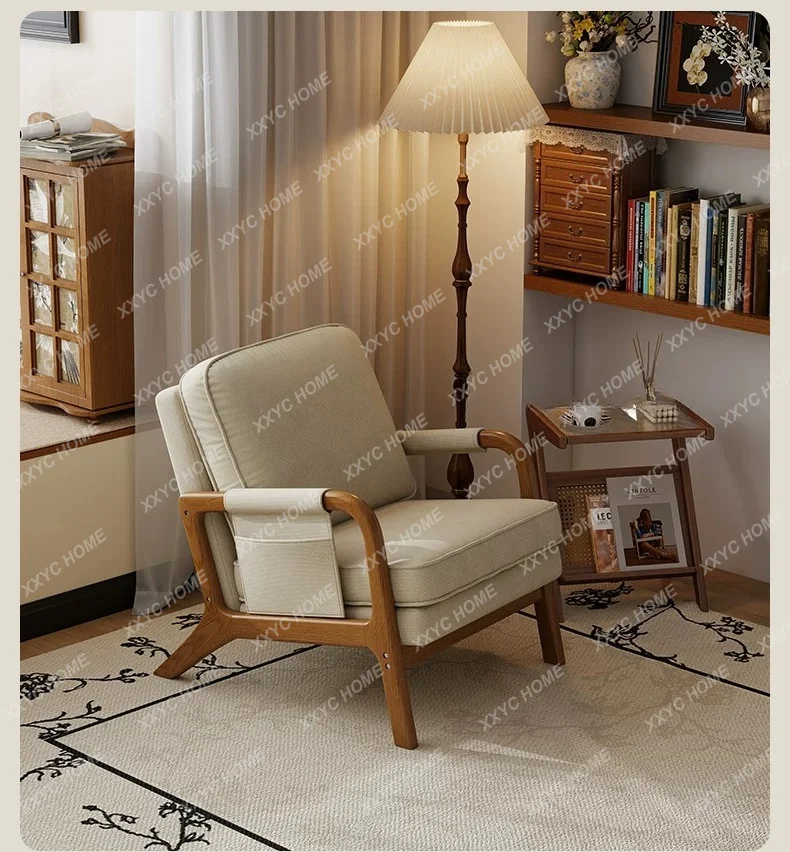 Single sofa chair retro solid wood cotton and linen fabric sofa living room balcony casual sofa chair