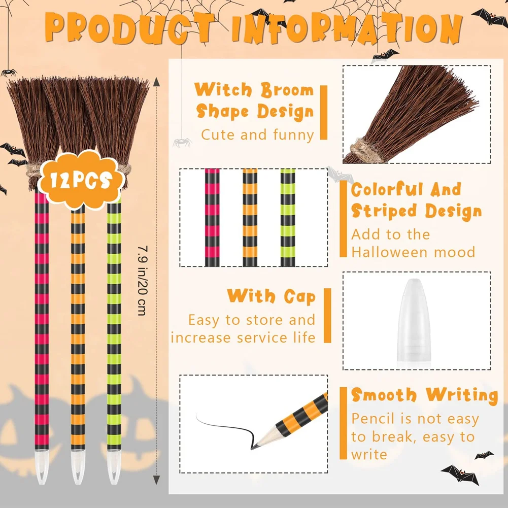 Witch Broom Pencil Colorful Witch Broom Wizard Pencil Broom Writing Pencils (12 Pieces)