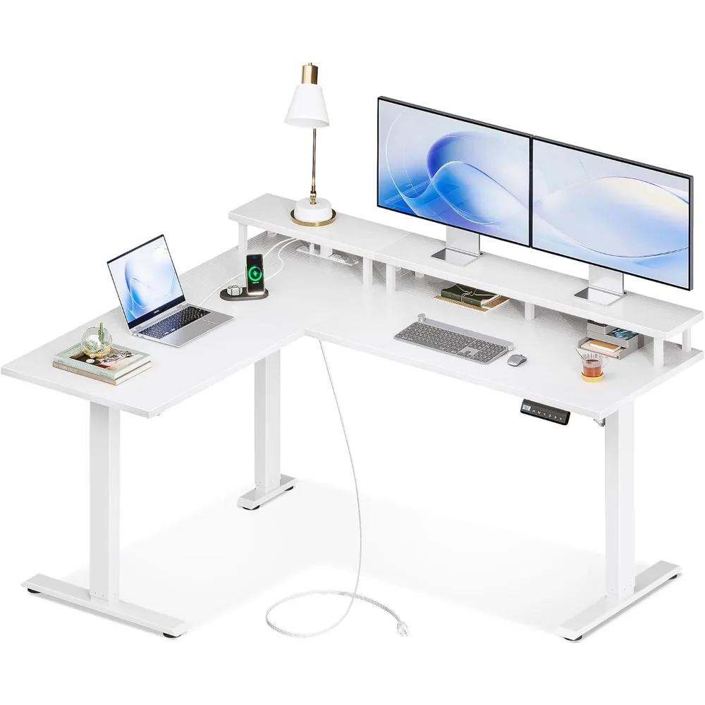 Electric L-Shaped Standing Desk, 59 Inch Height Adjustable Office Desk with Monitor Stand, Sit-Stand Desk with Power Outlets
