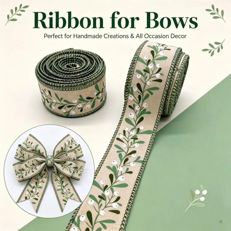 5 Yards Edged Ribbon For Christmas, Green Branches And White Berries Pattern, For Making Bow, Gift Wrapping, Party Decoration