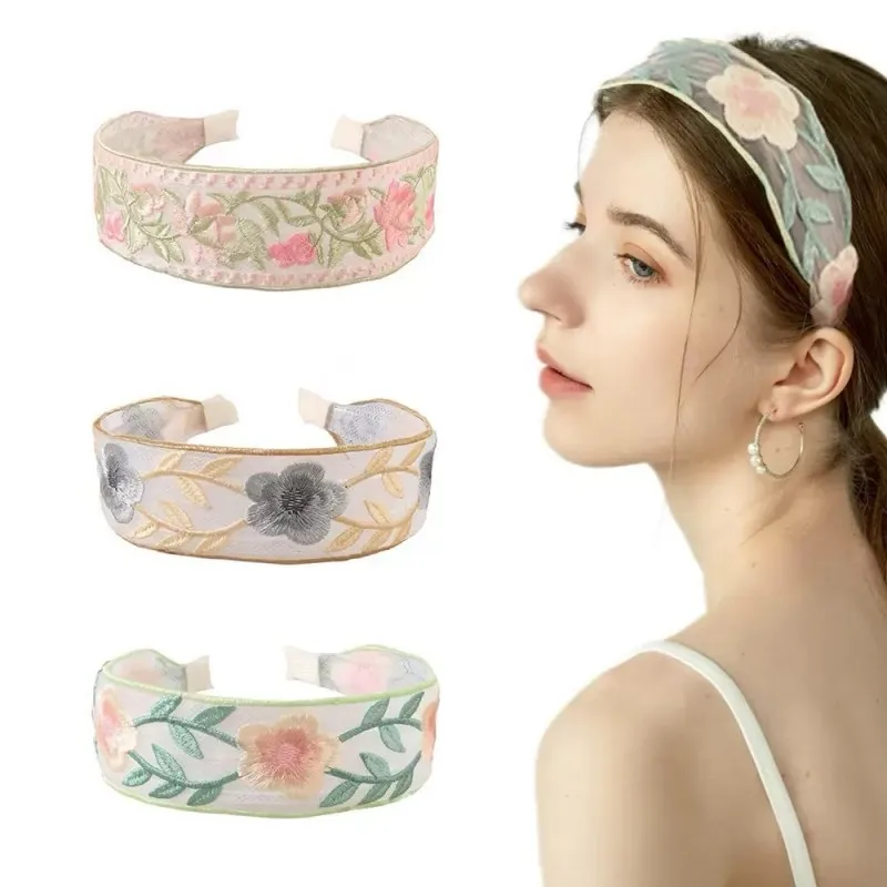 Beliebtes besticktes Blumen-Tüll-Stirnband für Damen – Vintage-Böhmisches Haarband-Accessoire – Detail 1