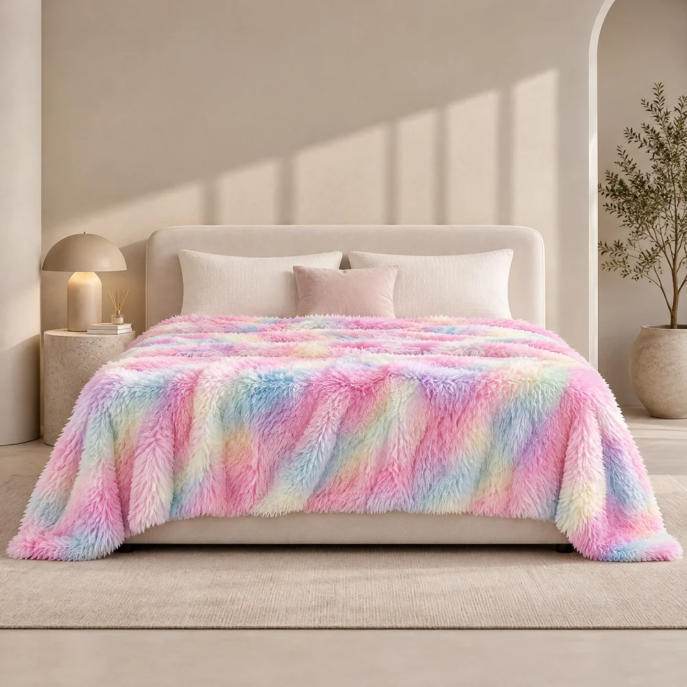 Pink Tye-dye Thermal Coral Fleece Blanket Long Haired Coverlet Throws