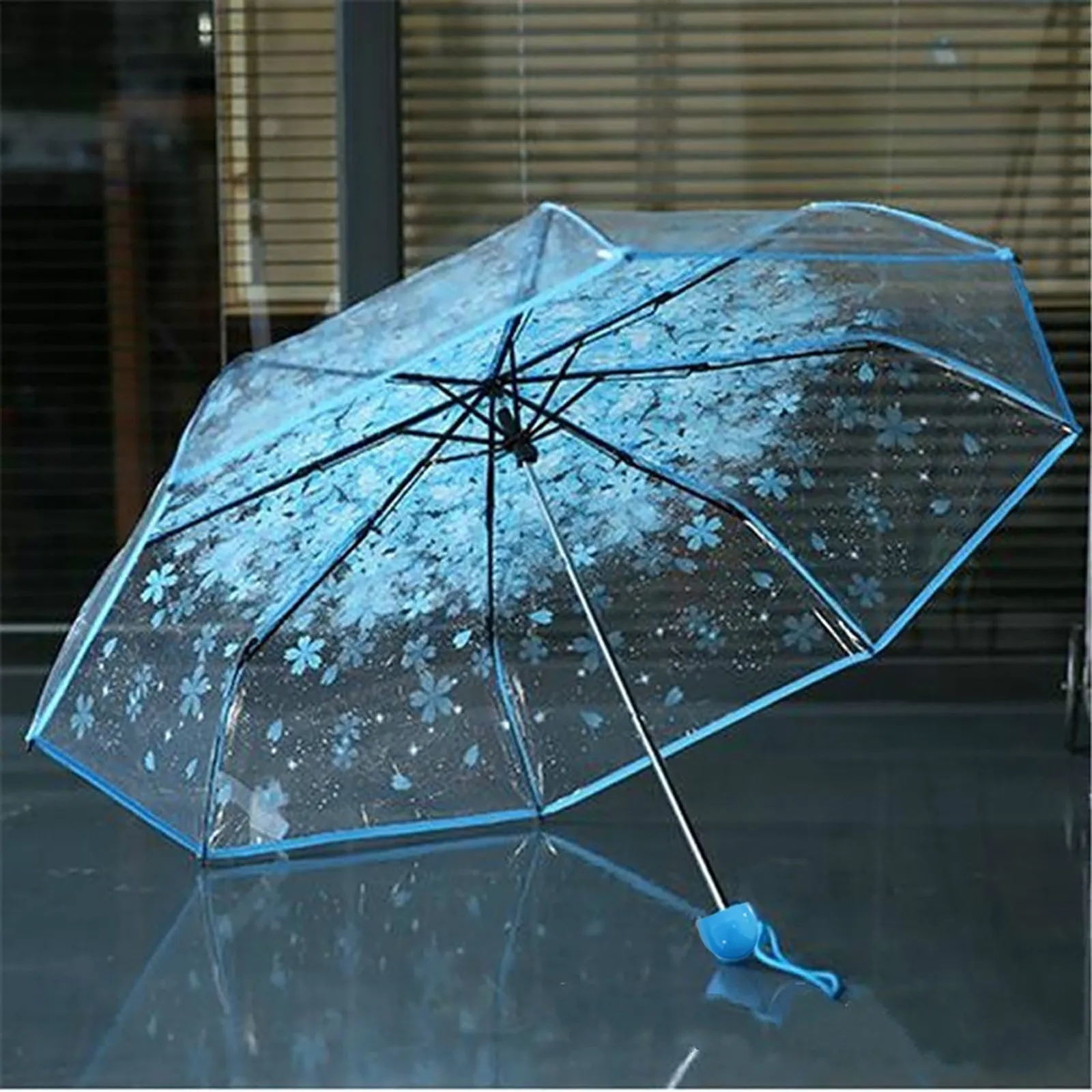 Three Fold Umbrella Women Transparent Clear Cherry Blossom Mushroom Sakura Folding Sunshade Rain Umbrella Folding Travel Umbrell