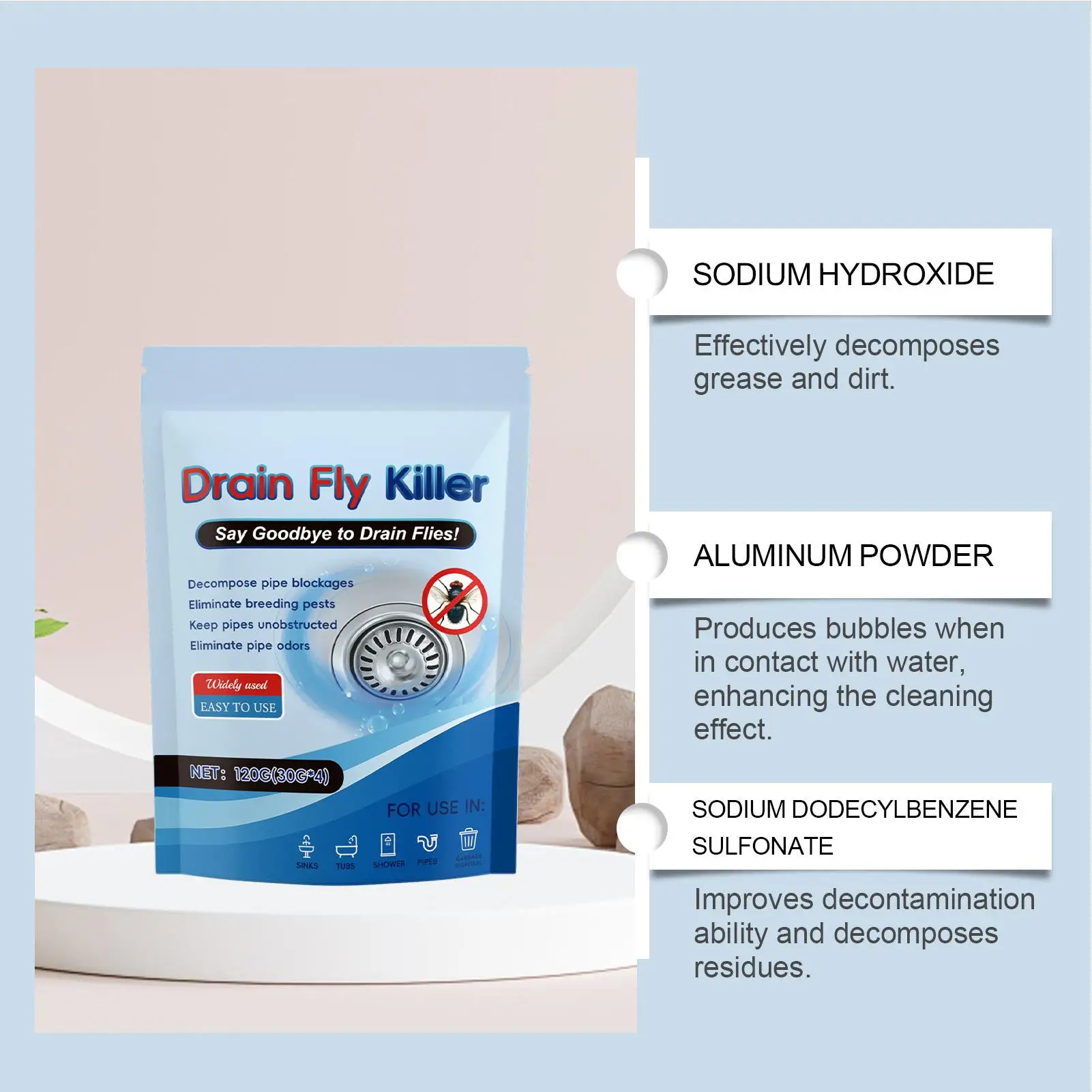 Sink Fly Drain Eliminator Long-Lasting Odor Removal Cleaner Drain Fly Control Powder Indoor for Home Kitchen Bathroom Shower Tub