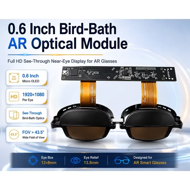for TDO SeeYA 0.6 Inch Micro OLED Bird Bath AR Optical Engine 1920x1080 See Through Near Eye Display Module for Smart Glasses