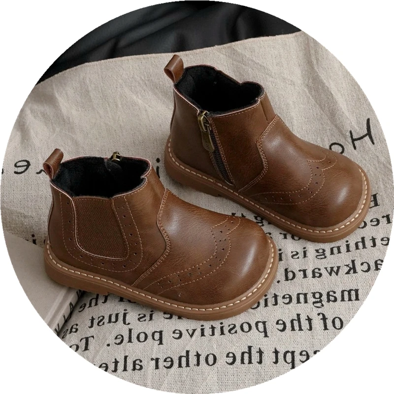 

Brand Fashion Children Boots,Solid Brown Black Brogue Retro Ankle Boots For Kids Girls,Rubber Sole Little Boys Autumn Boot