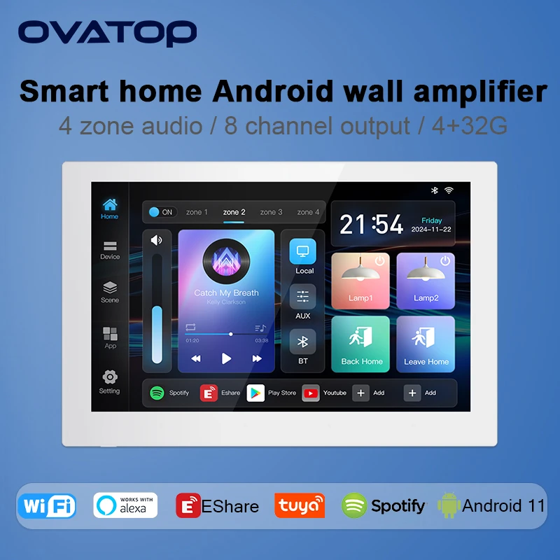 Smart home 4 zone audio in wall amplifier 4+32G Android 11 system TUYA controls panel 8 inch touch screen bluetooth music player