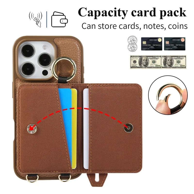 For iPhone 16 Pro Max ,16 Plus Case Lichee Pattern Leather Crossbody Lanyard Strap Card Wallet Ring Stand Cover for iP16 Pro