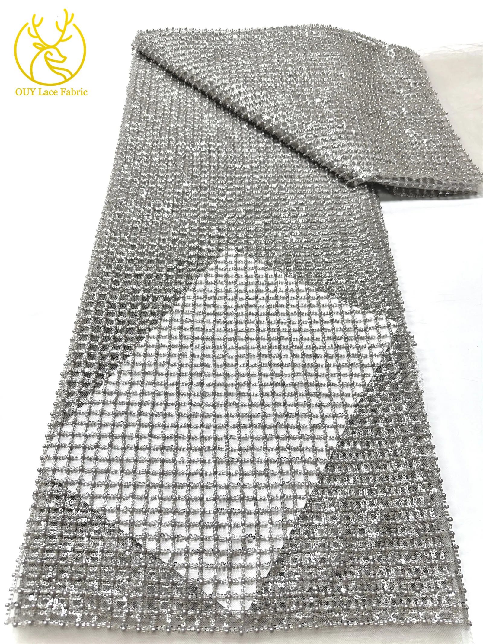 Luxuriöser Partykleid-Spitzenstoff, Tüll-Spitzenstoff mit Perlen, Hochwertiger Pailletten-Netz-Spitzenstoff für Hochzeitskleider, 5 Yards – Detail 18