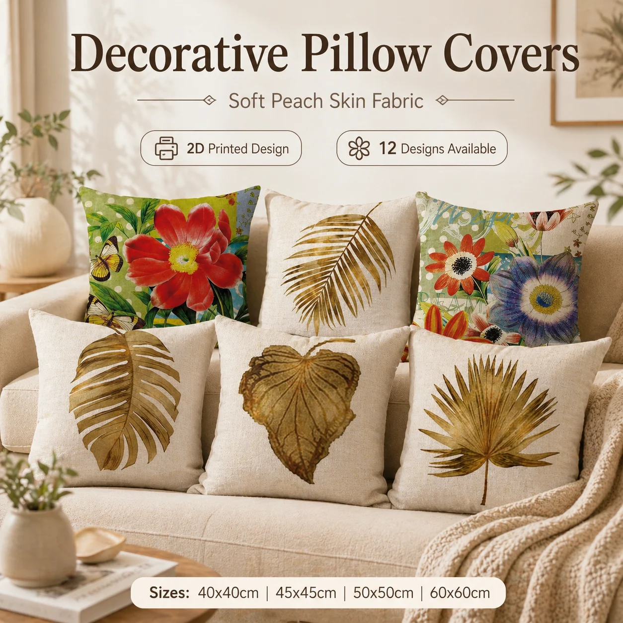 

Spring Summer Golden Tropical Leaf 2D Flat Printed Pillow Cover Peach Skin Cushion Case For Living Room Sofa Home Decor 45x45